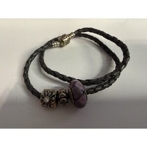 Pandora 925 Braided Double-Wrap Leather Bracelet Charms 2 Retired Charms